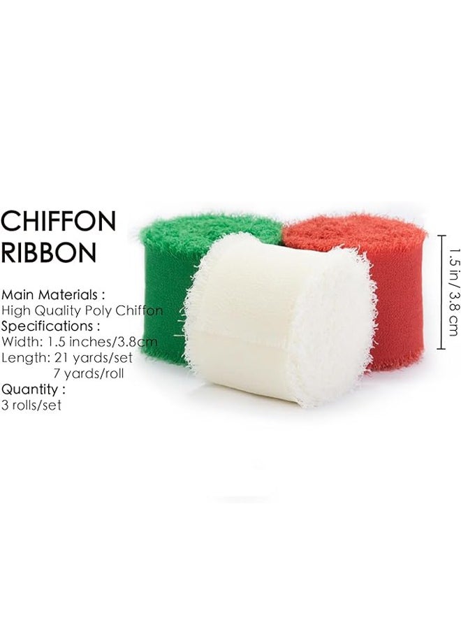 Zeemey 3 Rolls Ribbons Handmade Fringe Chiffon Silk Ribbon 1 1/2 Inch x 7Yd Set for Wedding Invitations Bridal Bouquets Gift Wrapping Green Red & White(4cm*5m)  - Image 2