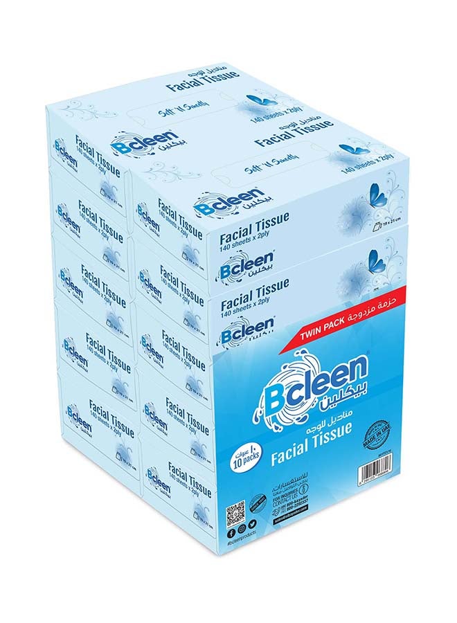 Bcleen White Facial Tissue,2 Ply × 140 Sheets,Tissues For Germ Protection Cotton Feel Suitable for All Skin Types, 19 * 21cm (Pack of 10)