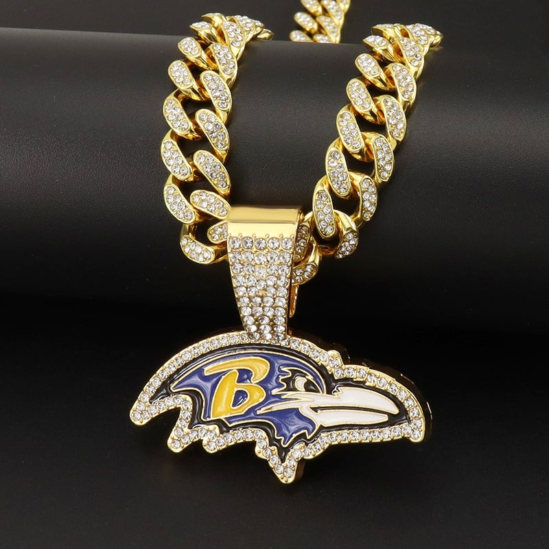 Generic Diamond Painted Football Team Eagle NFL Pendant Cuban Chain Necklace Male Cross Border Hip Hop Style Clavicle Chain Necklace Chain Gold (Team logo)