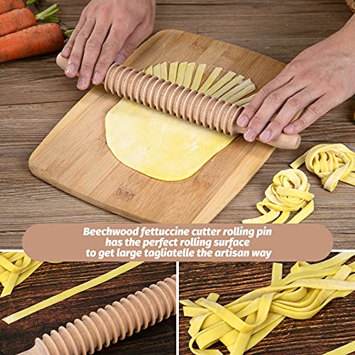 G Beech Wood 7mm Fettuccine Pasta Cutter Noodle Lattice Roller Docker Dough Cutter Wooden Rolling Pin Spaghetti Pasta Maker Beechwood Noodle Cutter Rolling Pin Kitchen Cooking Tools - Image 5