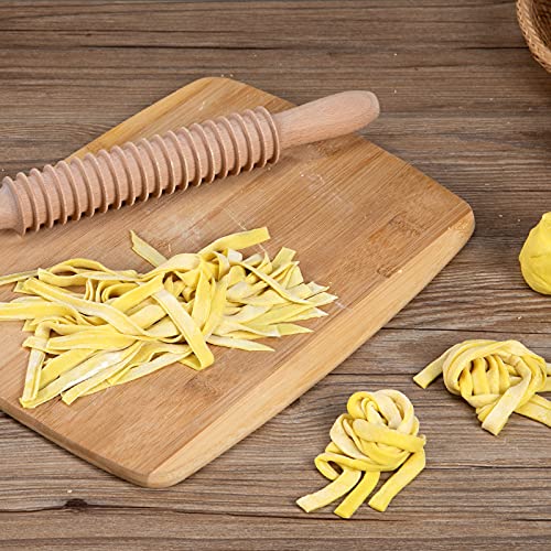 G Beech Wood 7mm Fettuccine Pasta Cutter Noodle Lattice Roller Docker Dough Cutter Wooden Rolling Pin Spaghetti Pasta Maker Beechwood Noodle Cutter Rolling Pin Kitchen Cooking Tools - Image 3