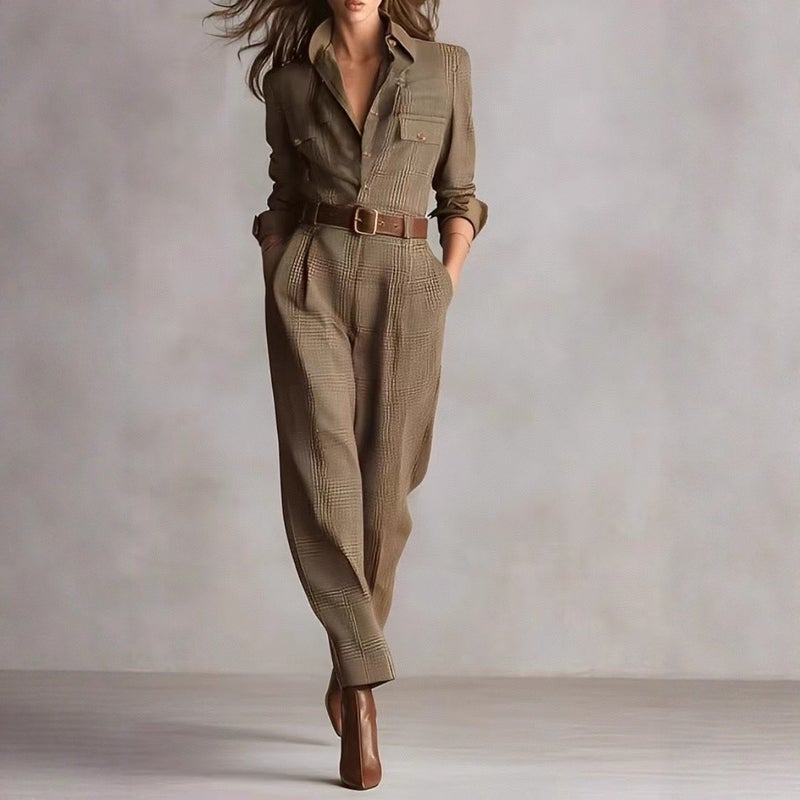 Women's Classic Plaid Jumpsuit - Long Sleeve Casual Workwear, Mid-Rise Tapered Leg, Polyester, Fall 2025