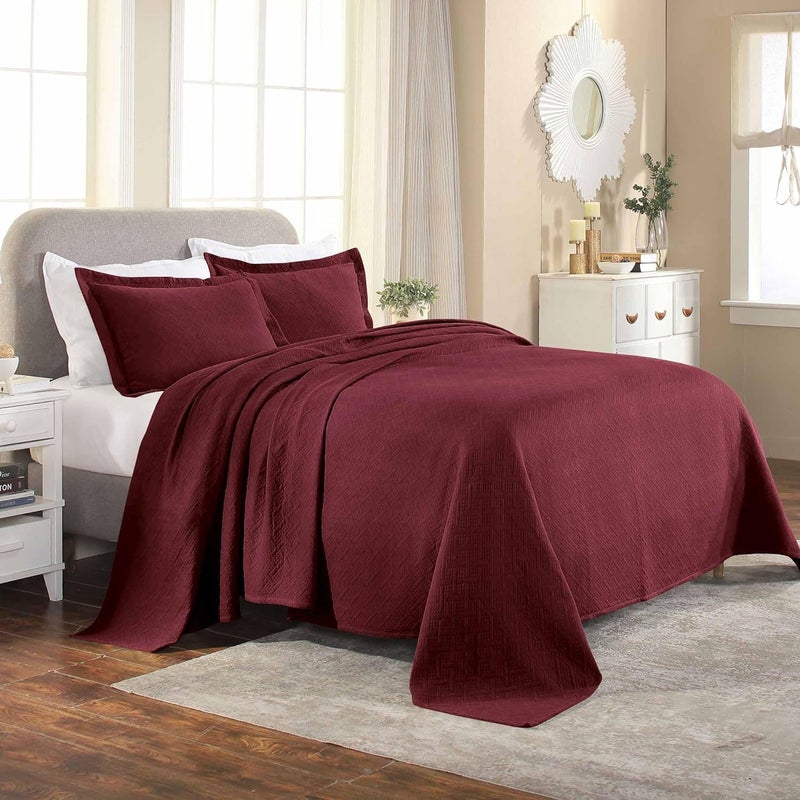 Superior Superior 100 Cotton Basket Weave Bedspread with Shams AllSeason Premium Cotton Matelasse Jacquard Bedding QuiltedLook Geometric Basket King Garnet 