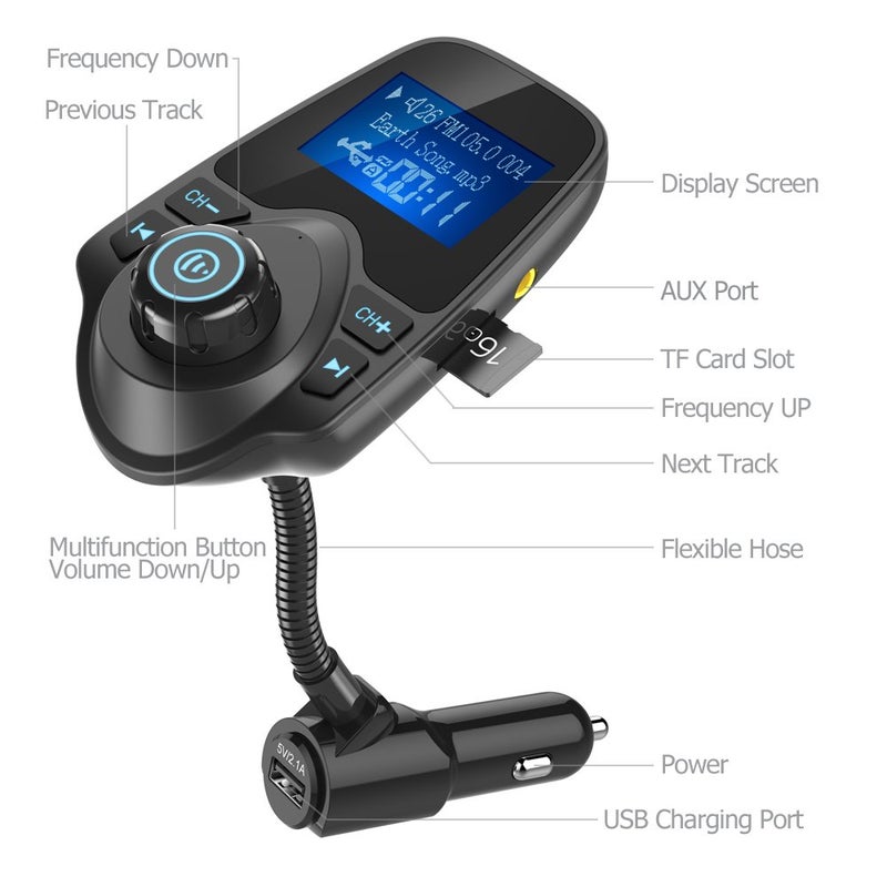 Nulaxy Bluetooth Car FM Transmitter Audio Adapter Receiver Wireless Handsfree Voltmeter Car Kit TF Card AUX 1.44 Display - KM18 Black Matte - Image 2