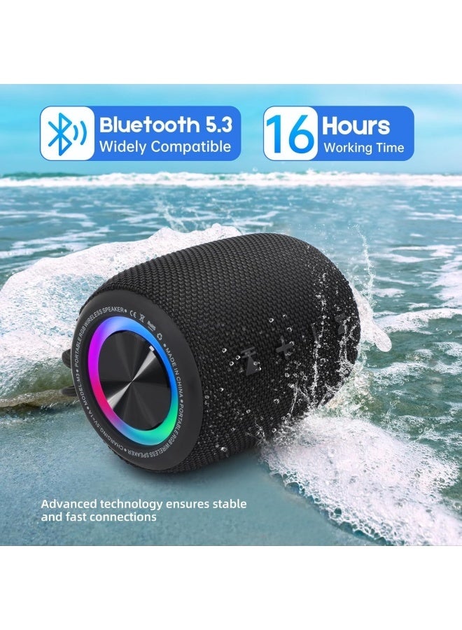 Portable Bluetooth Speaker, BT5.3 Wireless Speaker 10W Bass Diaphragms with Multi LED Light Dynamic Modes, IPX6 Waterproof 16H Playtime supports FM Mode, TF, USB for Home, Cycling, Outdoor, Beach-Black - Image 4