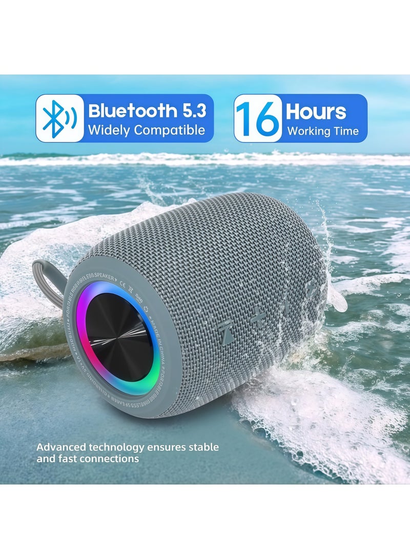 Lurette Portable Bluetooth Speaker, BT5.3 Wireless Speaker 10W Bass Diaphragms with Multi LED Light Dynamic Modes, IPX6 Waterproof 16H Playtime supports FM Mode, TF, USB for Home, Cycling, Outdoor, Beach-Grey - Image 4