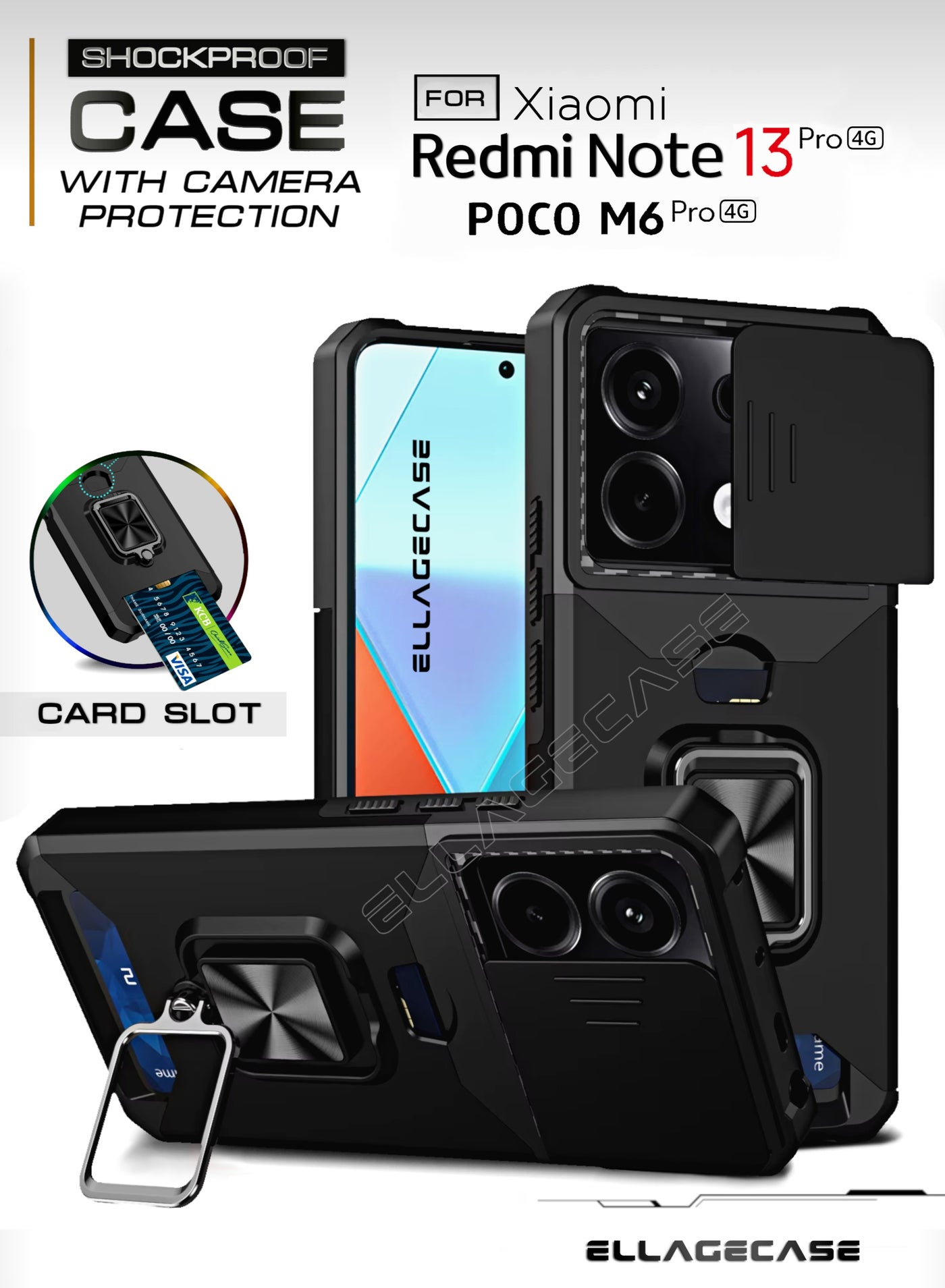 ELLAGECASE Impact-Resistant Case with Card Slot, Stand & Solid Camera Protection for Xiaomi Redmi Note 13 Pro 4G / Xiaomi Poco M6 Pro 4G  – Includes Hidden Metal Plate