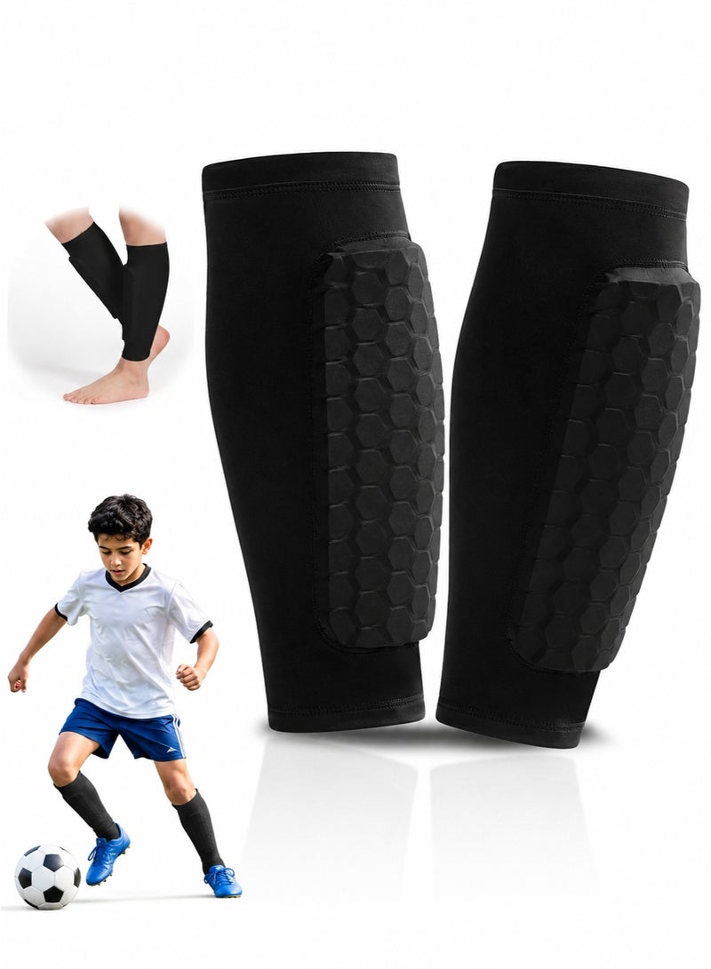 2 Pcs Honeycomb Soccer Shin Guards, Anti-Slip Calf Compression Sleeves, Lightweight Sports Shin Pads for Kids Youth Adults, Unisex Protective Gear for Football Basketball Taekwondo Black - Image 1