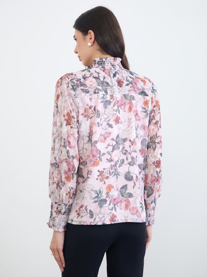 Styli Dobby Floral Print Smocked Collar Blouse - Image 5