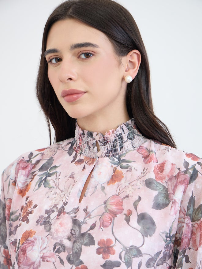 Styli Dobby Floral Print Smocked Collar Blouse - Image 4