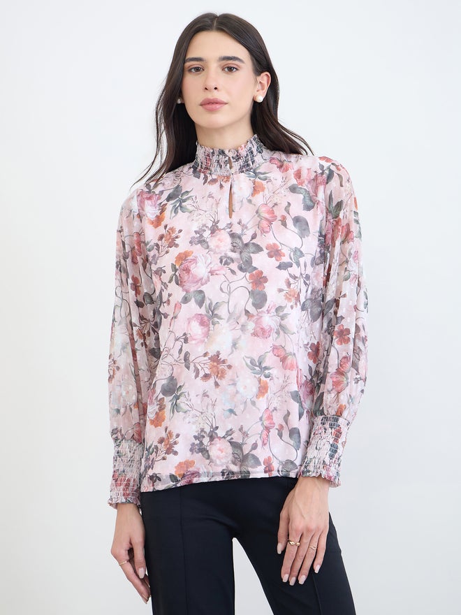 Styli Dobby Floral Print Smocked Collar Blouse - Image 3