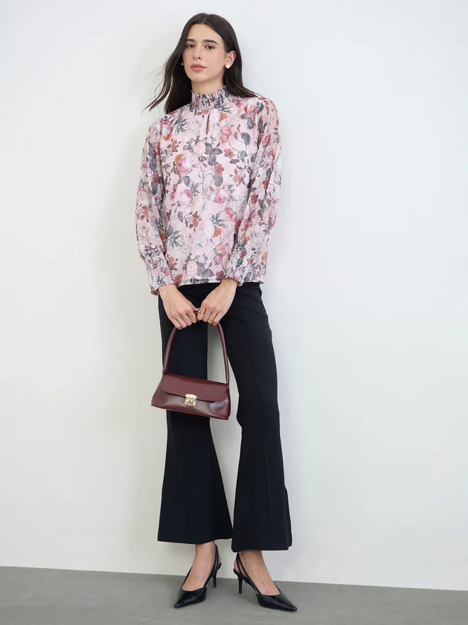 Styli Dobby Floral Print Smocked Collar Blouse