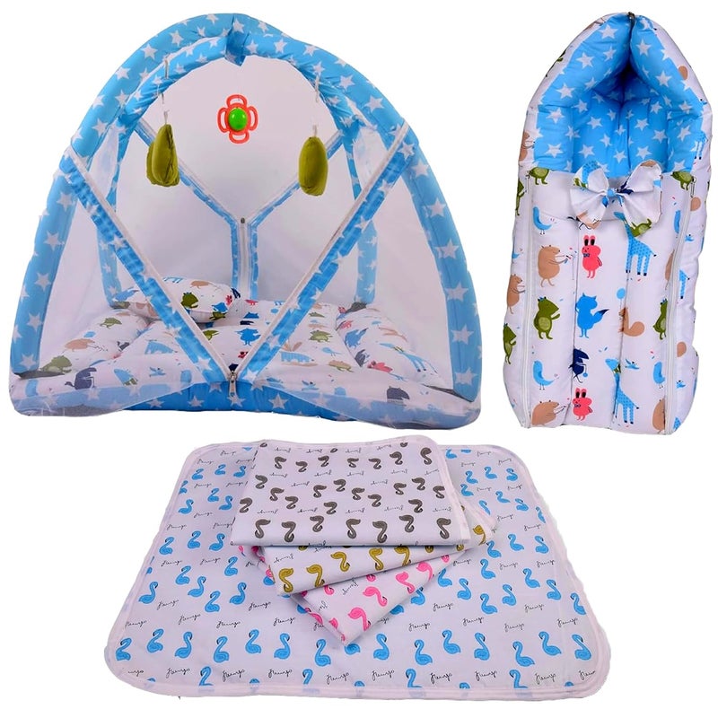 Kwitchy New Born Baby Cotton Bedding Set Gift Combo Pack of Play Gym Bed Sleeping Bag Sheets Blue 06 Months 3PCS Set - Image 1