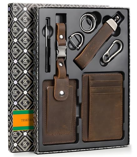 Teskyer Leather Gifts for Men Premium Leather Gift Set with Slim Wallet Travel Luggage Tag Car Keychain Elegant Gift Box for Fathers Day Birthday Anniversary Retirement Graduation Coffee - Image 1