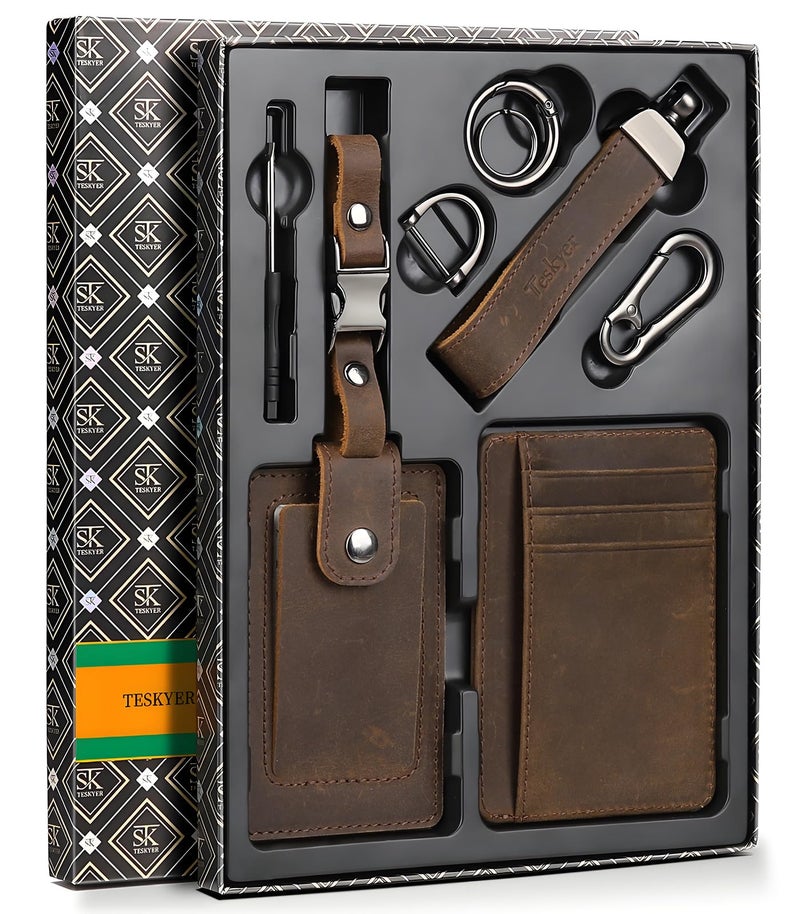Teskyer Leather Gifts for Men Premium Leather Gift Set with Slim Wallet Travel Luggage Tag Car Keychain Elegant Gift Box for Fathers Day Birthday Anniversary Retirement Graduation Coffee - Image 2