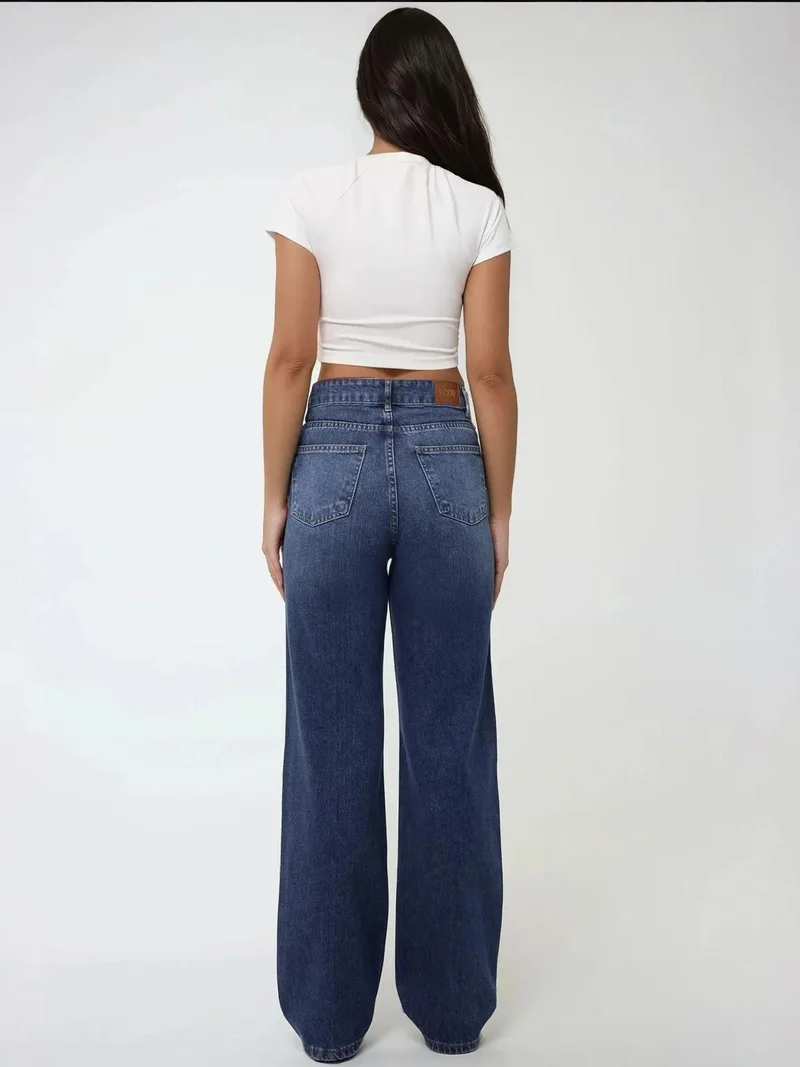HICCUP Mid Blue Denim High Waist Straight Leg Jeans for Women | Best Price UAE