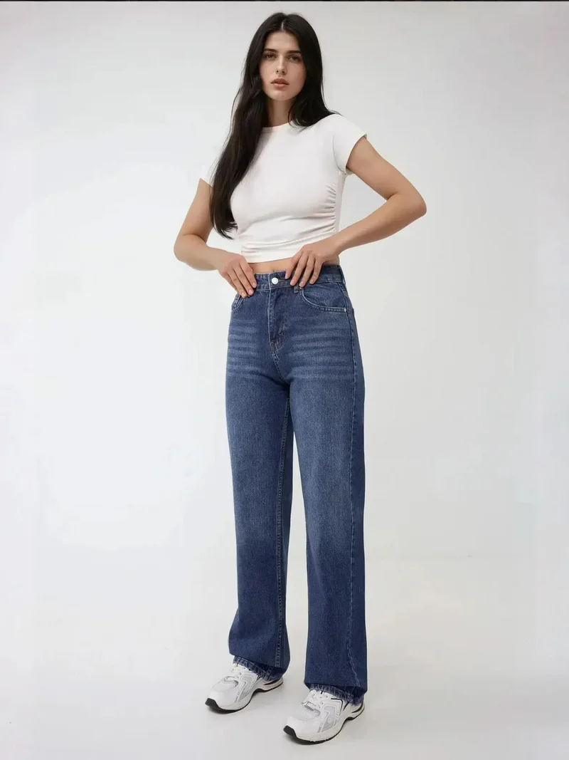 HICCUP Mid Blue Denim High Waist Straight Leg Jeans for Women | Best Price UAE