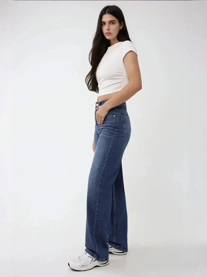 HICCUP Mid Blue Denim High Waist Straight Leg Jeans for Women | Best Price UAE