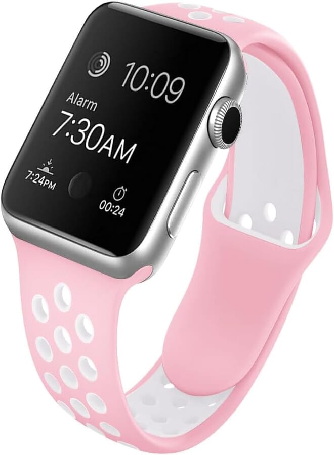 IZONE Silicone Sport Strap Band for Apple Watch Series 2,3,4,5,6,7,SE,8,Ultra (38mm/40mm/41mm, Pink White)