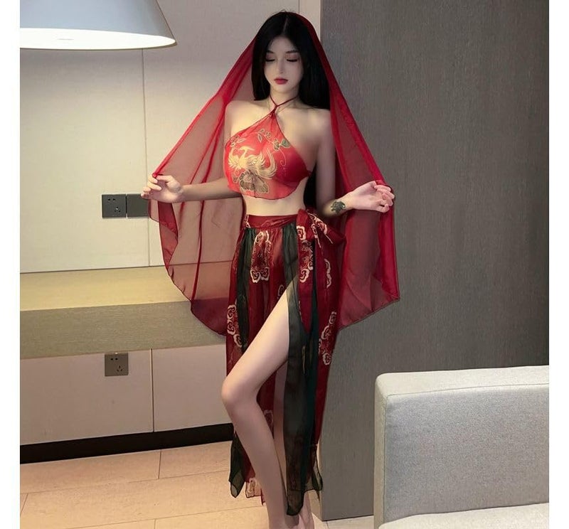 GirlFriend Phoenix Print Belly Band Lingerie Set with Skirt for Women Honeymoon, Wedding, Festival, Christmas, Valentine Red - Image 2