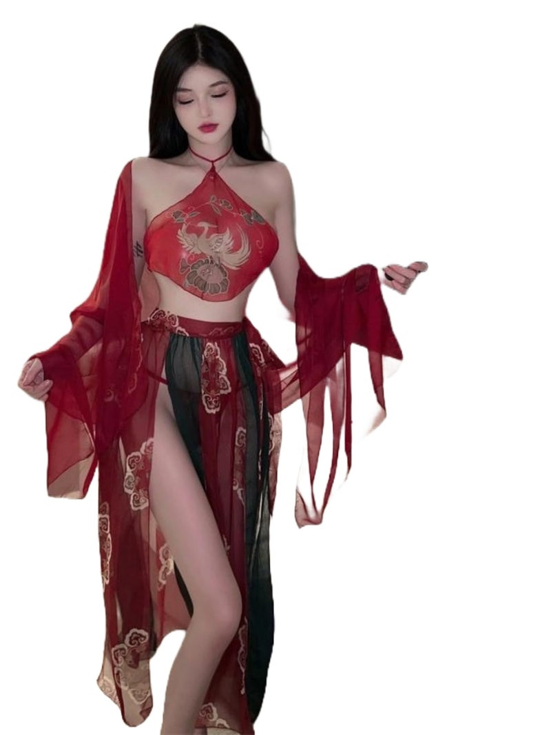GirlFriend Phoenix Print Belly Band Lingerie Set with Skirt for Women Honeymoon, Wedding, Festival, Christmas, Valentine Red - Image 1