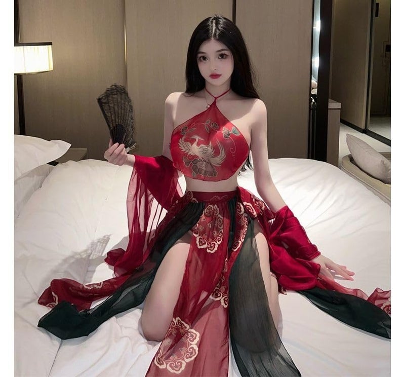 GirlFriend Phoenix Print Belly Band Lingerie Set with Skirt for Women Honeymoon, Wedding, Festival, Christmas, Valentine Red - Image 4