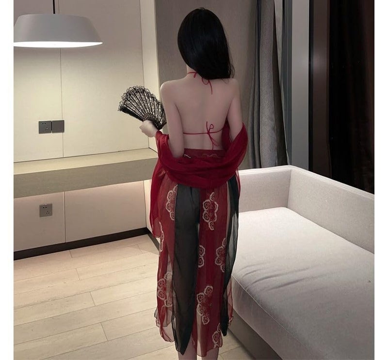 GirlFriend Phoenix Print Belly Band Lingerie Set with Skirt for Women Honeymoon, Wedding, Festival, Christmas, Valentine Red - Image 3
