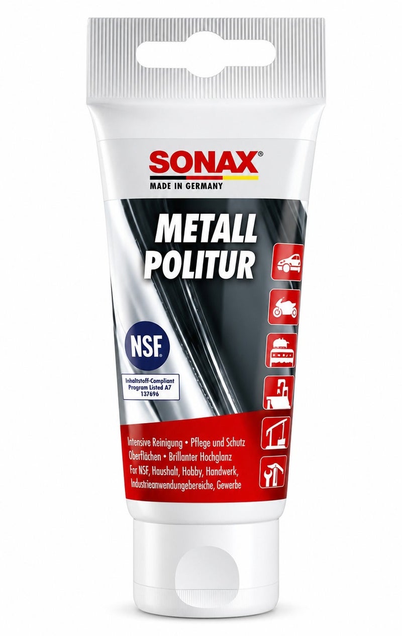 سوناكس معجون تلميع المعادن SONAX (سوناكس) سعة 75 مل - لتنظيف وتلميع واستعادة بريق وحماية الأسطح المعدنية (الكروم، الفولاذ المقاوم للصدأ، الألومنيوم، النحاس الأصفر، والنحاس الأحمر)؛ مناسب للاستخدام مع السيارات والدراجات النارية وفي المنازل والورش والمجالات الصناعية. - Image 1