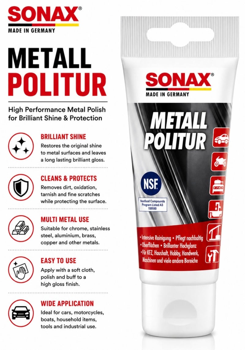 سوناكس معجون تلميع المعادن SONAX (سوناكس) سعة 75 مل - لتنظيف وتلميع واستعادة بريق وحماية الأسطح المعدنية (الكروم، الفولاذ المقاوم للصدأ، الألومنيوم، النحاس الأصفر، والنحاس الأحمر)؛ مناسب للاستخدام مع السيارات والدراجات النارية وفي المنازل والورش والمجالات الصناعية. - Image 2