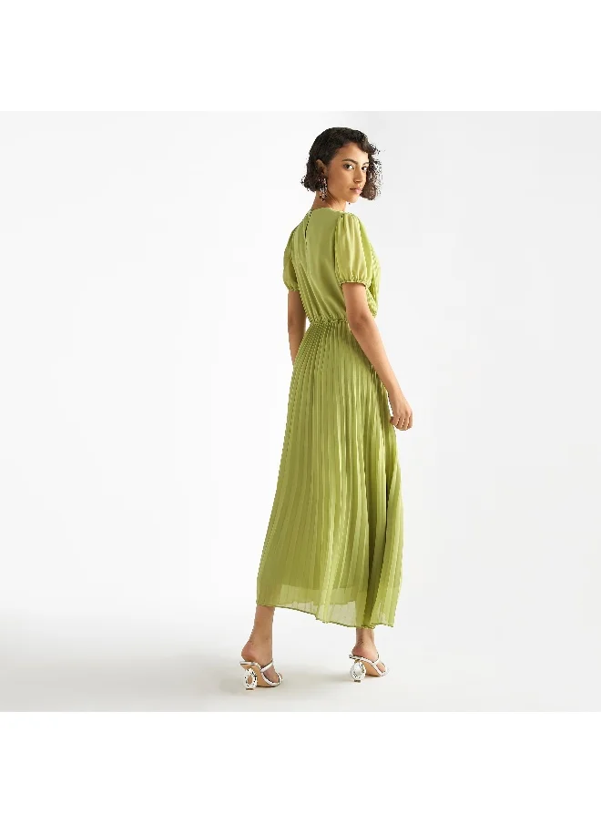 FAV Pleated Keyhole Neck Dress with Puff Sleeves