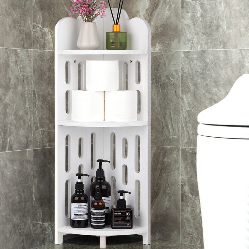 Meangood Bathroom Corner Shelf Stand, 3 Tier Solid Wood Display Shelf for Narrow Space, Shower Corner Shelf, Plant Stand Nightstand, for Living Room, Bedroom, Home Office, Elegant White - Image 1
