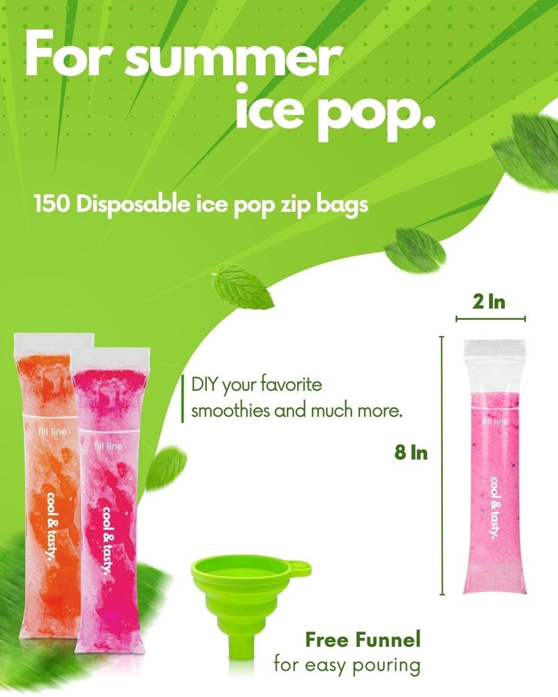 ANSMIO 150 Disposable Popsicle Mold Bags with Zip Seals, 8x2" Freezer Tubes for DIY Ice Pops, Yogurt, Juice & Fruit Smoothies - Includes Funnel, BPA-Free, Ice Pop Molds - Image 3