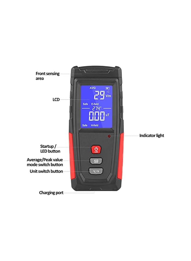PROMASS promass EMF Meter, Portable Digital Radiation Detector, Handheld EMF Detector for Home/Outdoor, Electric/Magnetic Field/Ghost Detector - LED Light & Sound Alarm Black (1-1999V/m, 0.01-99.99μT)  - Image 3