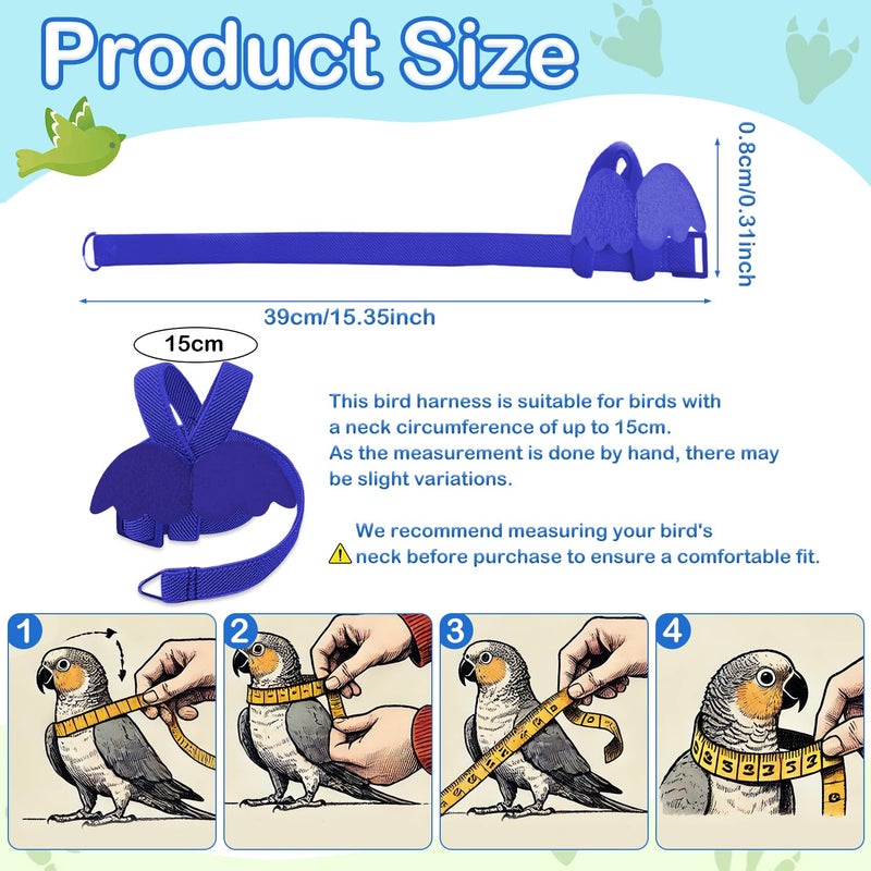CoolShef حزام وقيد الطائر الأزرق - حزام قابل للتعديل للببغاء لطيور شوان فنغ و الشمس الصغيرة بحجم بين 10-15 سم/3.94-5.91 بوصة، مثالي للطيران والتدريب في الهواء الطلق - Image 2