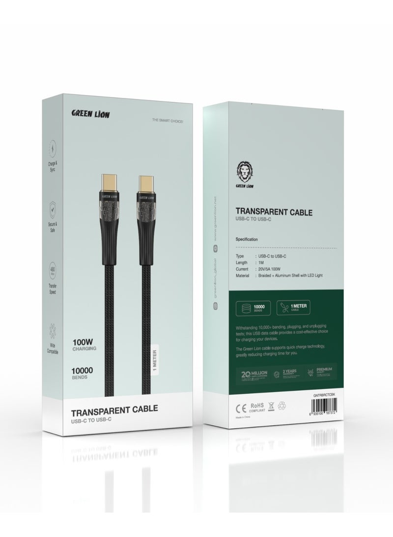 GREEN LION Transparent Cable USB-C to USB-C / 100W Charging / Long Length / 10000 Bends / Charge & Sync / Secure & Safe / High Transfer Speed / Quick Charge Technology / Wide Compatible / LED Light - Black - Image 2