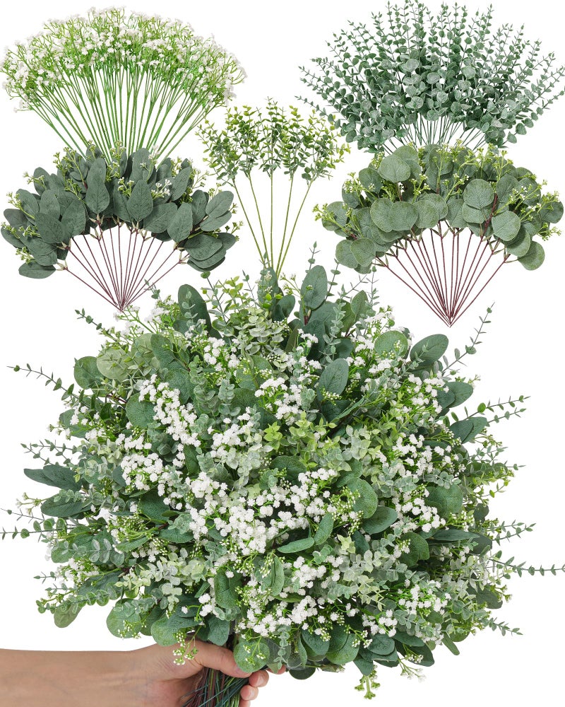 Alecono 100 Pcs 5 Kinds Mixed Artificial Greenery Eucalyptus Stems Bulk, Babys Breath Artificial Flowers and Fake Sliver Dollar Leaves for Centerpieces DIY Bouquet Wedding Home Decor - Image 1