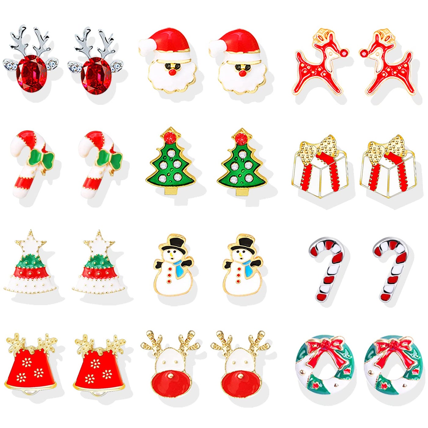 12Pairs Christmas Stud Earrings for Women Christmas Tree Wreath Snowman Candy Cane Reindeer Stud Earrings Holiday Earrings for Women Christmas Gift