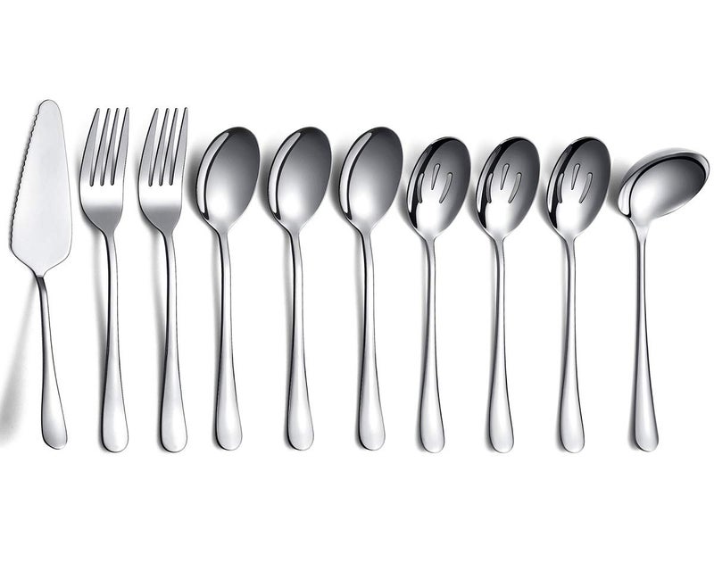 HOMQUEN 10Piece Serving Flatware Silverware SetStainless Steel Serving Utensil SetInclude Slotted Serving Spoon Serving Spoon Cake Server Serving Fork Soup Ladle Silver 