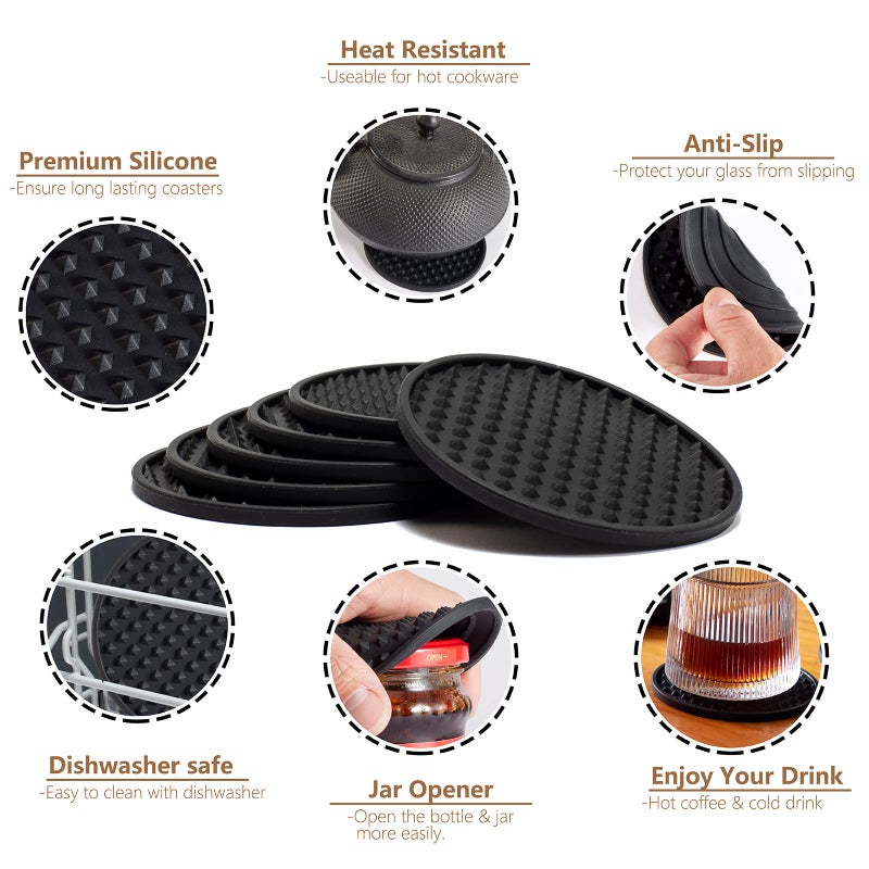 Coga Drink Coasters Set of 6 with Holder, Silicone Coasters Tabletop Protection for Any Table Type, Wood, Stone Tables, Dishwasher Safe, Coasters for Drinks Fits Any Size of Drinking Glasses (Black) - Image 4