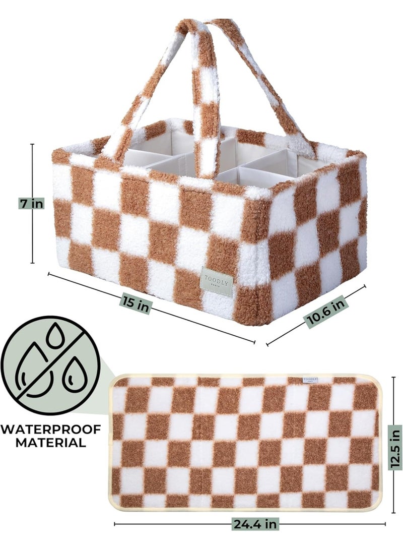 Toodly Checkered Diaper Caddy Organizer with Portable Changing Mat - Teddy Fleece Diaper Organizer for Changing Table - Caddy Organizer with Removable Dividers - Light Taupe and White  - Image 3
