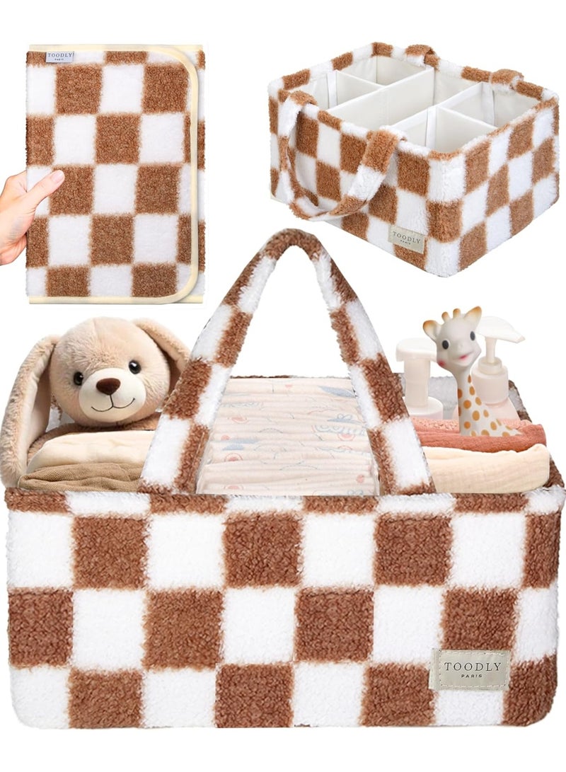 Toodly Checkered Diaper Caddy Organizer with Portable Changing Mat - Teddy Fleece Diaper Organizer for Changing Table - Caddy Organizer with Removable Dividers - Light Taupe and White  - Image 1