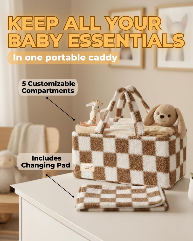 Toodly Checkered Diaper Caddy Organizer with Portable Changing Mat - Teddy Fleece Diaper Organizer for Changing Table - Caddy Organizer with Removable Dividers - Light Taupe and White - Image 2