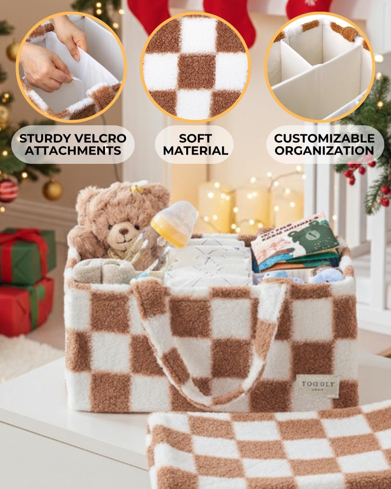 Toodly Checkered Diaper Caddy Organizer with Portable Changing Mat - Teddy Fleece Diaper Organizer for Changing Table - Caddy Organizer with Removable Dividers - Light Taupe and White - Image 5