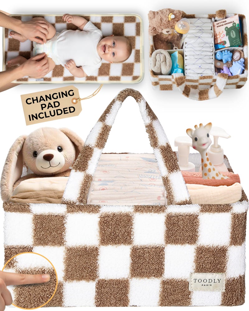 Toodly Checkered Diaper Caddy Organizer with Portable Changing Mat - Teddy Fleece Diaper Organizer for Changing Table - Caddy Organizer with Removable Dividers - Light Taupe and White - Image 1