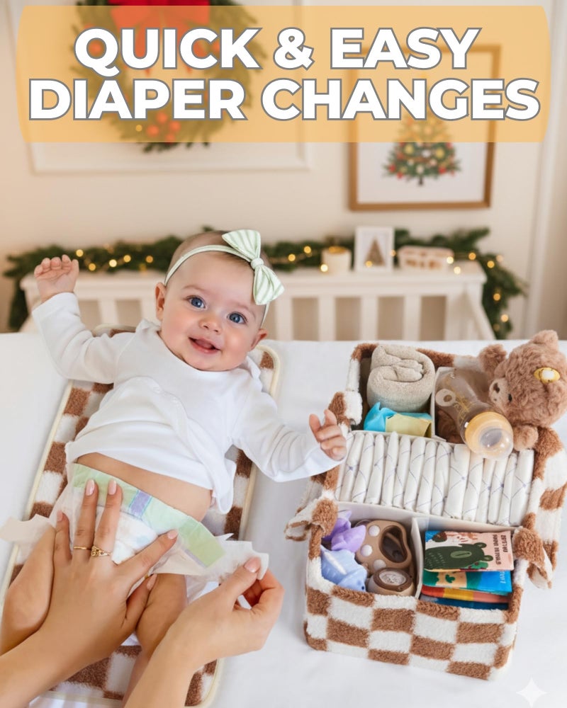 Toodly Checkered Diaper Caddy Organizer with Portable Changing Mat - Teddy Fleece Diaper Organizer for Changing Table - Caddy Organizer with Removable Dividers - Light Taupe and White - Image 3