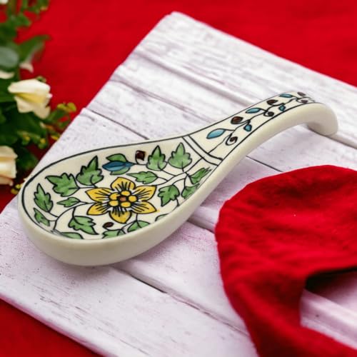 Malaikah Green Floral Hand Printed Ceramic Spoon Rest Ideal for Kitchen | Large Size Cooking Utensil Rest for Counter Stove Top for Spoons | Food Grade Material | Serveware | Cutlery Rest | Pack of 1 - Image 1