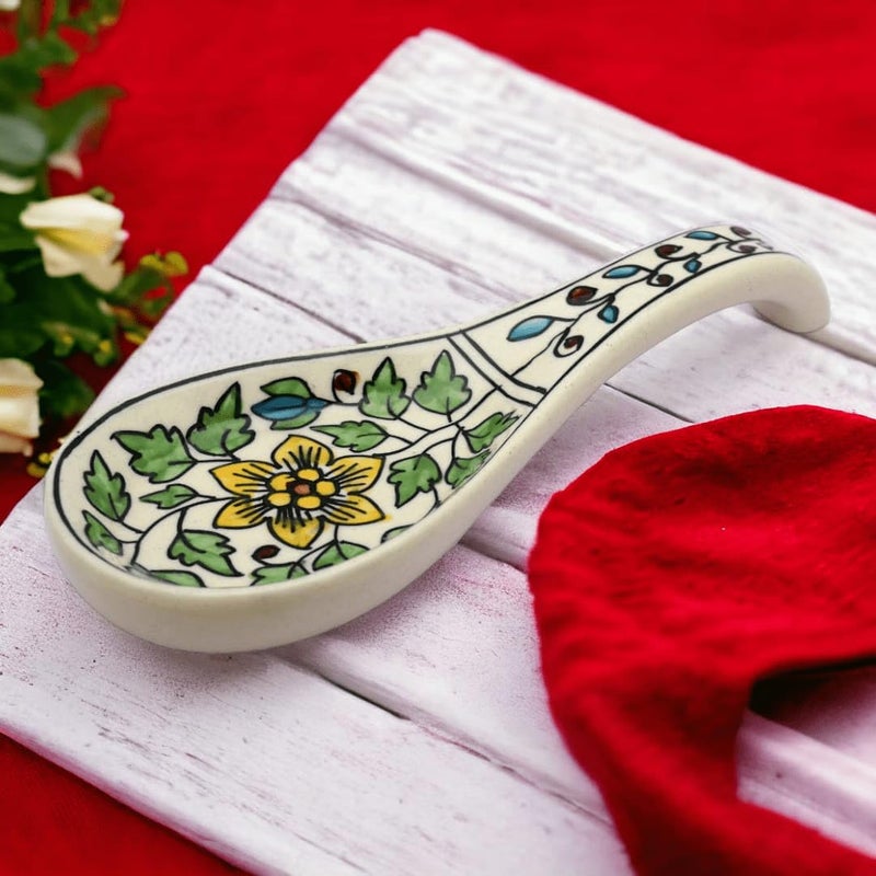 Malaikah Green Floral Hand Printed Ceramic Spoon Rest Ideal for Kitchen | Large Size Cooking Utensil Rest for Counter Stove Top for Spoons | Food Grade Material | Serveware | Cutlery Rest | Pack of 1 - Image 5