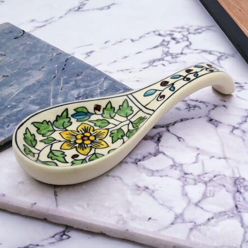 Malaikah Green Floral Hand Printed Ceramic Spoon Rest Ideal for Kitchen | Large Size Cooking Utensil Rest for Counter Stove Top for Spoons | Food Grade Material | Serveware | Cutlery Rest | Pack of 1 - Image 2