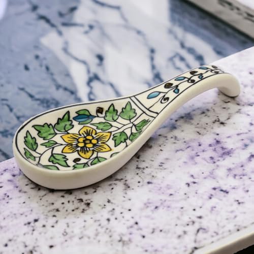 Malaikah Green Floral Hand Printed Ceramic Spoon Rest Ideal for Kitchen | Large Size Cooking Utensil Rest for Counter Stove Top for Spoons | Food Grade Material | Serveware | Cutlery Rest | Pack of 1 - Image 4