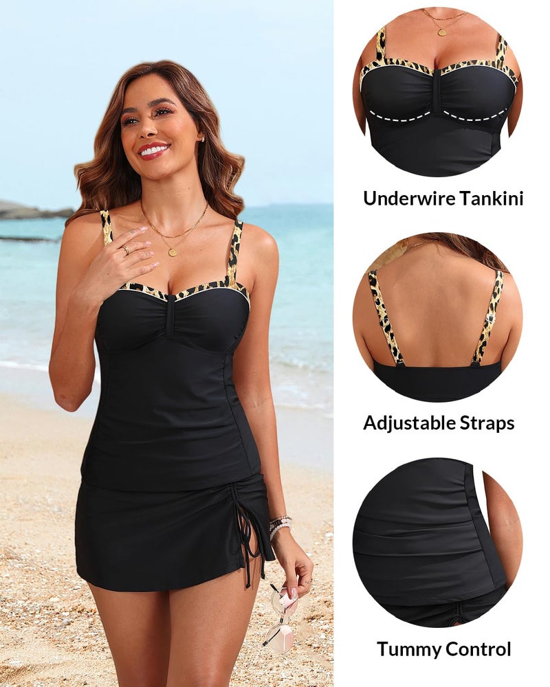 Yonique Womens Underwire Tankini Swimsuits with Skirt Two Piece Bathing Suits Vintage Swimwear Black Leopard L - Image 4